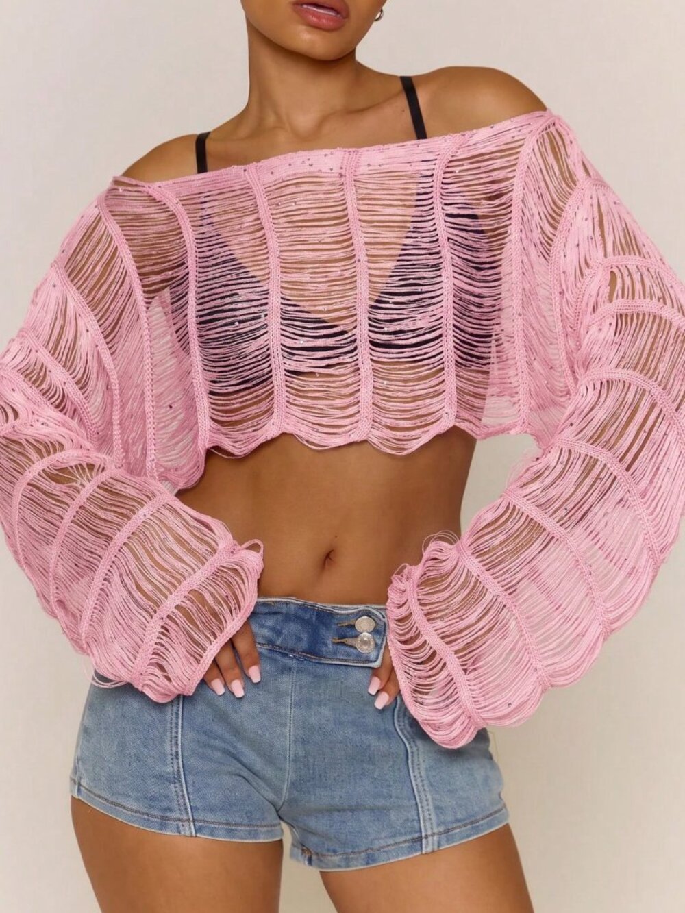 Pink Casual Women's Sheer Textured Knitted Long Sleeve Crop Top